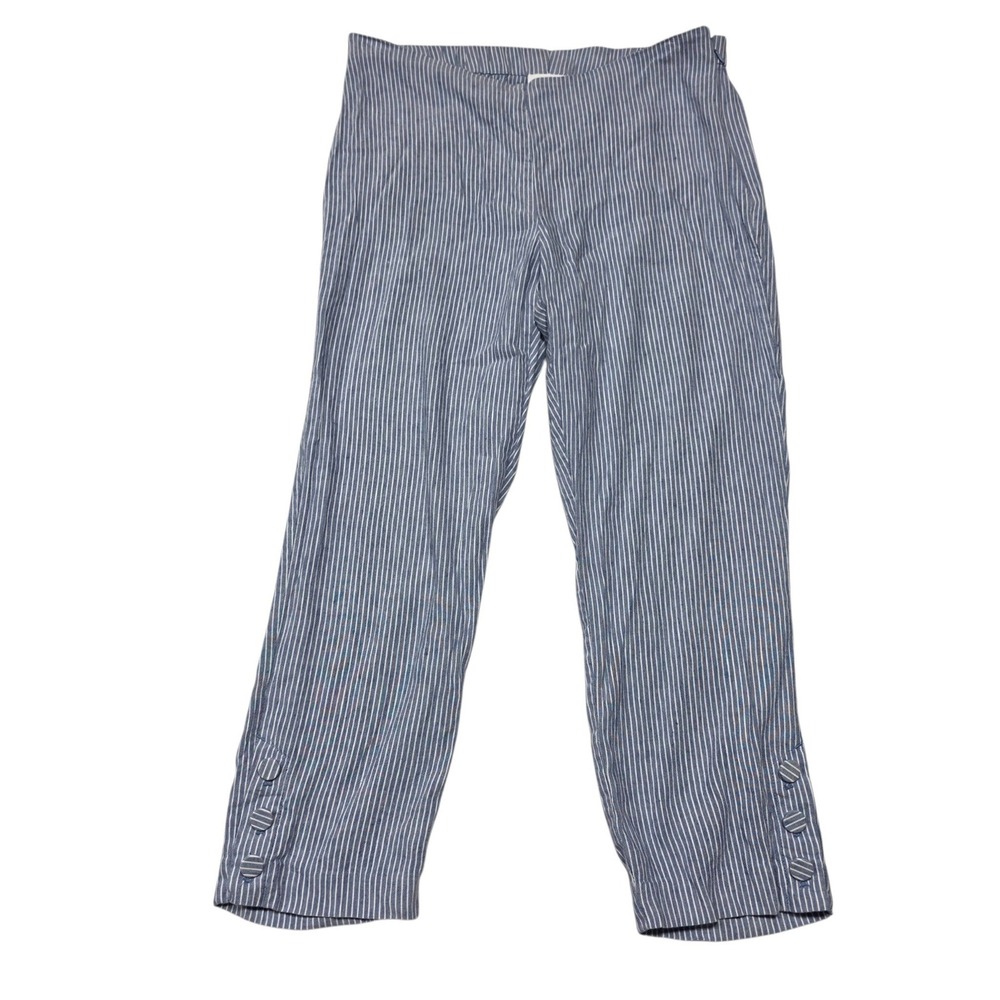 J.Jill Linen Stretch Pants Womens M Blue Striped Button Hem Side Zip Crop